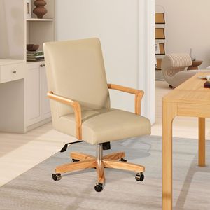 Sedia da Ufficio Direzionale Dumont Modern Farmhouse con Schienale Alto in Pelle Beige Crema e Legno Naturale per Uso Domestico e Ufficio - Product Image 1
