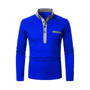 Polo à manches longues en tricot pour homme, couleur unie, design décontracté à boutons, bleu foncé - Product Image 2