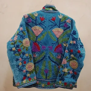 Chaqueta Bordada Suzani de Algodón para Mujer, Azul Floral, Estilo Bohemio, Étnico, Hecha a Mano, Vintage, Informal - Product Image 3