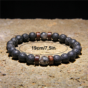 Vintage Natural Stone Bead Bracelet with Wooden Spacers, Lava Rock Elastic Bracelet for Men, Everyday Wear - Product Image 5