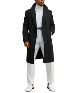 Men's Long <b>Wool</b> Double Breasted Trench Coat Turn-down Collar Solid Color Overcoat Regular Fit White <b>Pants</b> Outfit - Product Image 1