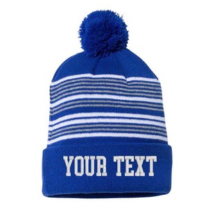 Bonnet d'hiver en tricot personnalisé avec broderie, bleu rayé, pompon, unisexe, pour adulte - Product Image 1