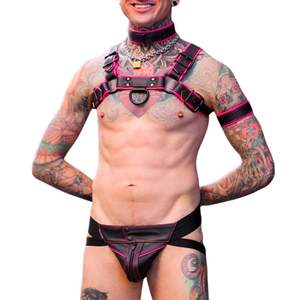 Harnais en similicuir rose pour homme, style Bulldog, avec garniture en dentelle, ajustement ajustable sur la poitrine, en cuir premium, pour tenue de club, costumes sexy - Product Image 2