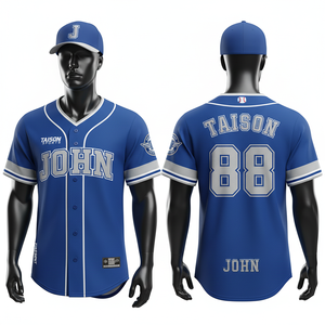 Camiseta de Béisbol para Hombre, 180 GSM, Poliéster Interlock Transpirable, Azul Rey con Franjas Blancas, Botones, Logotipo Personalizado en Tela Tackle Twill - Product Image 1