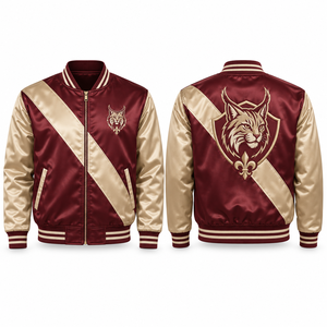Varsity Satin <b>Jacket</b> Sublimated Graphics Smooth Finish Ribbed Collar Personalized Artwork Embroidered <b>Patch</b> Promotional Athletic - Product Image 3