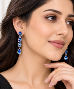 Boucles d'oreilles pendantes classiques en argent plaqué avec topaze bleue, style antique, pour femme, bijoux d'art, fiançailles, origine Rajasthan, avec assurance commerciale - Product Image 2