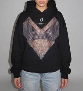 Sweat à capuche oversize noir pour femme en molleton avec logo imprimé, dos nu, empiècements en maille à sequins, coupe ample, style streetwear - Product Image 1