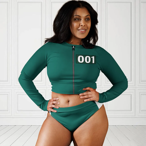 Traje de Baño Verde Personalizado para Cosplay, con Capucha, de Lona Sólida, de Verano, de Dos Piezas, Top Corto de Manga Larga + Braguita de Bikini - Product Image 1