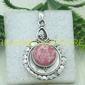 Colgante de Rodonita Rosa Natural Hecho a Mano en Plata de Ley 925, Joyería Boho Vintage, Gema Cabujón Redonda, Regalo para Ella - Product Image 3