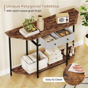 Mesa Consola Industrial de Diseño Clásico de 2 Niveles con Tapa Poligonal, Estante Abierto y 2 Cajones Plegables de Tela para Entrada, Pasillo o Sofá - Product Image 3