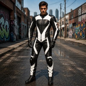 Traje de Motociclismo Personalizable para Hombre, Manga Larga, Negro y Blanco, con Estampado de Cuero, Resistente al Viento, para Todas las Estaciones - Product Image 1