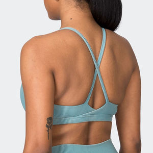 Light <b>Blue</b> Ribbed Sports <b>Bra</b> With Cut-Out Detail And Thin Straps Medium Support Yoga Fitness Top - Product Image 3