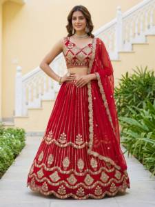Rotes CxC Faux-Georgette Lehenga Choli Set mit Dupatta, Goldbestickt, Schnelltrocknend, Bodenlange Hochzeitskleider für Damen, Normale Passform - Product Image 1