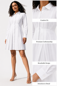 Robe chemise élégante en coton pour femme, taille plissée, entièrement boutonnée, coupe trapèze, avec poches, pour le travail, couleur unie, vente en gros - Product Image 2