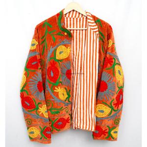 Veste en velours à col mandarin, broderie florale à la main, manches trois quarts, toutes saisons, style bohème, réversible - Product Image 3