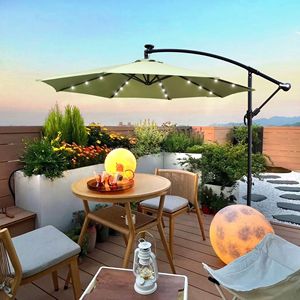 10 ft esterno a energia solare LED illuminato Patio ombrello impermeabile 8 costole a manovella Base croce parasole per giardino ponte cortile - Product Image 1