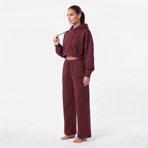 Ensemble deux pièces pour femme : sweat à capuche court et pantalon de jogging large en molleton de coton, couleur unie, décontracté, manches longues, coupe ample - Product Image 6