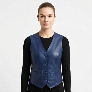 Chaleco de Motocicleta de Cuero Genuino para Mujer, Transpirable, para Invierno, Cuello en V, Sin Mangas, con Botones - Product Image 1