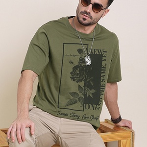 เสื้อยืดแขนสั้นสีเขียวมะกอก พิมพ์ลายกราฟิกดอกไม้สไตล์วินเทจ ทรงหลวม ผ้าคอตตอน 100% คุณภาพสูงสำหรับผู้ชาย - Product Image 6