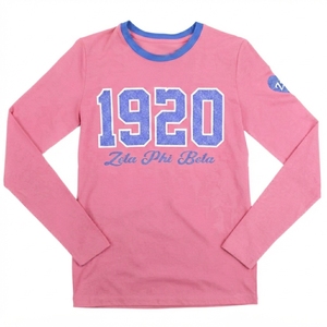 Camiseta Sorority Rosa Personalizada de Manga Larga con Cuello en Contraste Azul y Estampado Gráfico para Mujer - Product Image 1