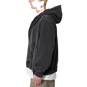 Sudadera con capucha y cremallera personalizada para hombre, estilo callejero, lavado ácido, negro, vintage, doble cremallera, bolsillos de canguro, Chaqueta corta de invierno, teñida lisa - Product Image 3