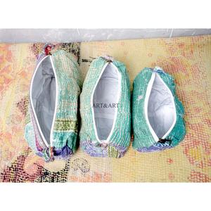 Indian kantha hand block print cotton cosmetic bag Makeup pouch set of three Accessory case Women's travel bag Handmade Kantha - Product Image 4