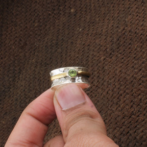 Natural Bezel Setting Two-Tone Gold Accent Meditation Anxiety Fidget <b>Spinner</b> <b>Ring</b> 925 Sterling Silver Hammered Band Unisex - Product Image 1