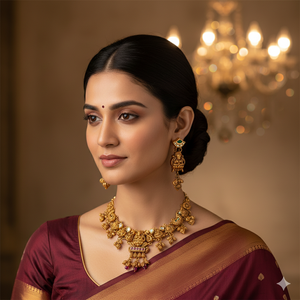 Ensemble collier et boucles d'oreilles en or antique 22 carats certifié BIS - Bijoux de temple traditionnels faits à la main en AU916 - Product Image 3