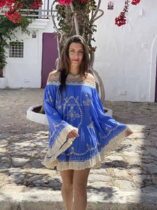 ชุดเดรสลำลองสไตล์โบฮีเมียนสำหรับผู้หญิงเดรสสั้นแขนบานพร้อมลูกไม้ปักลายเซ็กซี่ชุดทำงานสำหรับเด็กผู้หญิง - Product Image 4