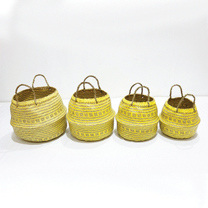 New Design Durable Circle Palm Leaf Belly <b>Basket</b> Yellow Woven Storage Bin <b>Foldable</b> with Handle - Product Image 1