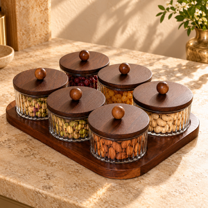 Six Piece Glass <b>Canister</b> <b>Set</b> Wooden Lids Tray Ribbed Jars for Nuts Snacks Dry Fruits Kitchen Storage | Elegant Pantry Organizers - Product Image 2