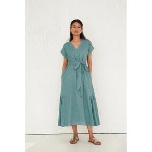 Vestido Maxi con Corte en A, Cuello en V, Manga Corta, Diseño de Puntos, Estilo Cruzado, Plisado, Ligero y Transpirable para Mujer - Product Image 2