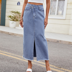 Falda Larga de Mezclilla Lavada con Efecto Nieve, Estilo Casual Elegante de Cintura Alta y Corte en A para Mujer, Ideal para Verano y Estilo Dulce y Elegante para Invierno - Product Image 2