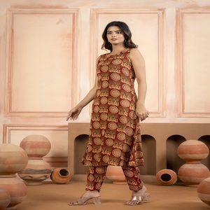 Conjunto de pantalón y Kurti estampado marrón para mujer, ropa étnica sin mangas, conjunto de Kurti informal y recto - Product Image 5