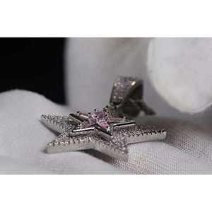 Pendentif Moissanite Étoile, Collier Sertie de Pierres, Pierre Centrale Rose, Coupe Ronde Brillante, Plaqué Rhodium, Bijou Cadeau - Product Image 3