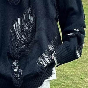 Suéter de Punto Oversize para Hombre, Estilo Desgastado, Cuello Redondo, 100% Algodón, Transpirable, Estilo Urbano, Nueva Moda - Product Image 5