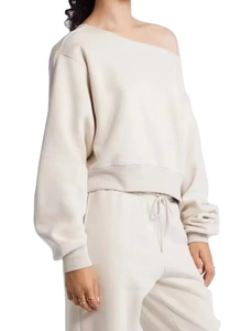 Sweat-shirt décontracté à épaules dénudées pour femme, coupe ample, en coton doux, manches longues, pull-over, vêtement chaud décontracté, couleur unie, fabrication sur mesure - Product Image 5