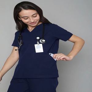 Women <b>Scrub</b> Set Navy Blue V-Neck Short Sleeve Pants Woven Cotton Polyester Hospital Uniform Needle Detection - Product Image 3