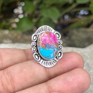 Anillo de Plata de Ley 925 con Turquesa Kingman y Dalia Rosa Hecha a Mano, Anillo de Ostra Espinosa, Regalo para Mujer - Product Image 4