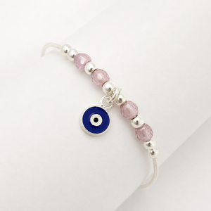 Bracelet jonc perlé en argent sterling 925 avec breloque œil bleu, finition polie, émail bleu, style cristal, pour filles, usage quotidien, cadeau de fête - Product Image 2