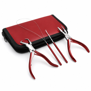 Custom Logo Manufacturer Top Quality Red Coated Hair Extension Removal Tool Kit Fitting Pliers <b>Threader</b> Loop <b>Needle</b> Set - Product Image 1