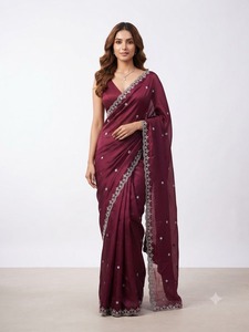 Elegant Maroon Floral Flock Printed Silk <b>Saree</b> <b>Women</b> Party Wear Regular Fit Length Wrinkle Free Quick Dry Multi-Occasion West - Product Image 3