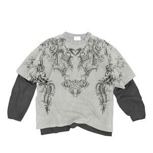 Camiseta de manga larga oversize de 280 gramos con estampado DTG de doble capa y lavado vintage, efecto desgastado, estilo streetwear. - Product Image 1