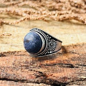 Vintage Boho Tribal Blue <b>Lapis</b> <b>Lazuli</b> Brass Men's <b>Ring</b> Silver Plated Finish Ethnic Signet Band for Engagement Wedding Gift - Product Image 3