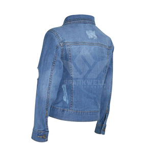 Chaqueta vaquera azul medio desgastada para mujer con cierre de botones, cuello vuelto, manga larga, corte ajustado, informal - Product Image 3