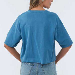 Women's <b>Blue</b> <b>Crop</b> T-Shirt 100% Cotton Loose Fit Casual Crew Neck Printed Palm Tree Design Summer <b>Top</b> - Product Image 4