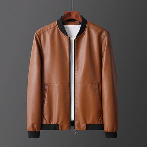 Blouson Bomber en Cuir Bordeaux pour Homme, Col Montant, Fermeture Éclair, Style Décontracté Automne, Couleur Unie, Manches Classiques - Product Image 5