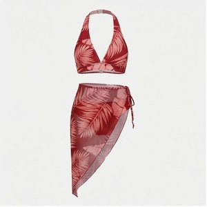 Ensemble bikini 2 pièces pour femme, imprimé feuilles tropicales, haut dos nu, jupe asymétrique, maillot de bain extensible - Product Image 1
