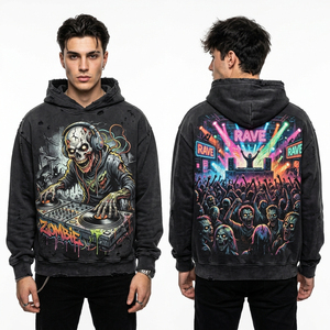 Sweat-shirt à capuche noir délavé pour homme, coupe oversize, effet délavé à l'acide, motif graphique néon zombie rave DJ, streetwear personnalisé - Product Image 1
