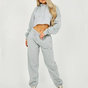 Women Black Cotton Tracksuit Set Hooded <b>Crop</b> Top Wide Leg Pants Casual Loose Fit Autumn Wear Solid Color Full Sleeve - Product Image 6